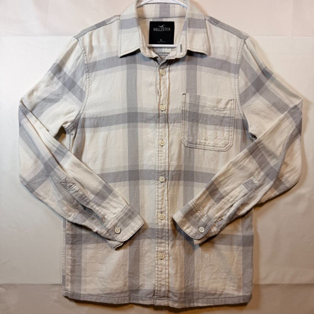 Hollister Mens Cream and Grey Plaid Flannel Long Sleeve Button Shirt Size Small